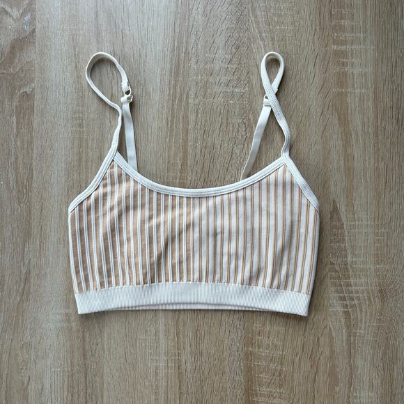 Aerie Women's Superchill Seamless Ribbed Scoop Bralette Size S Tan and White - Picture 2 of 4